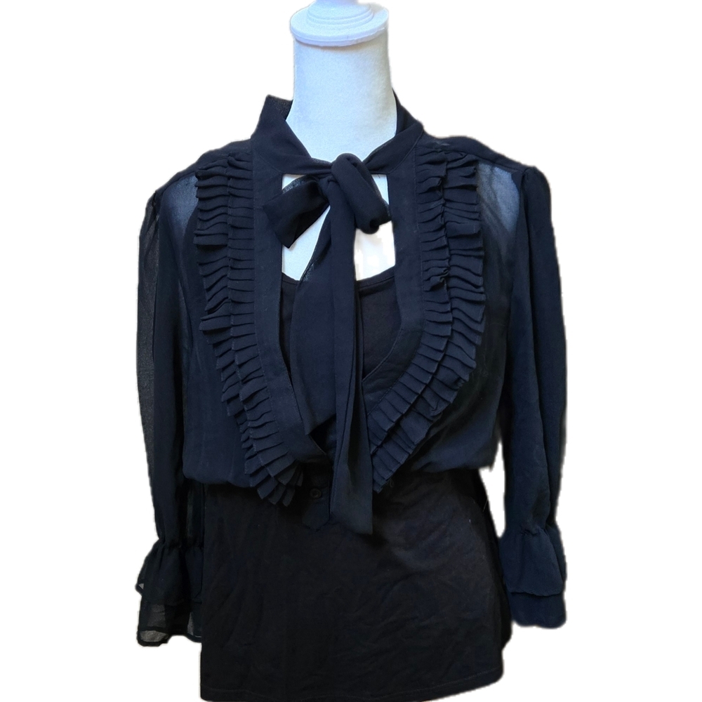Chic Black Ruffled Blouse with Bow Tie